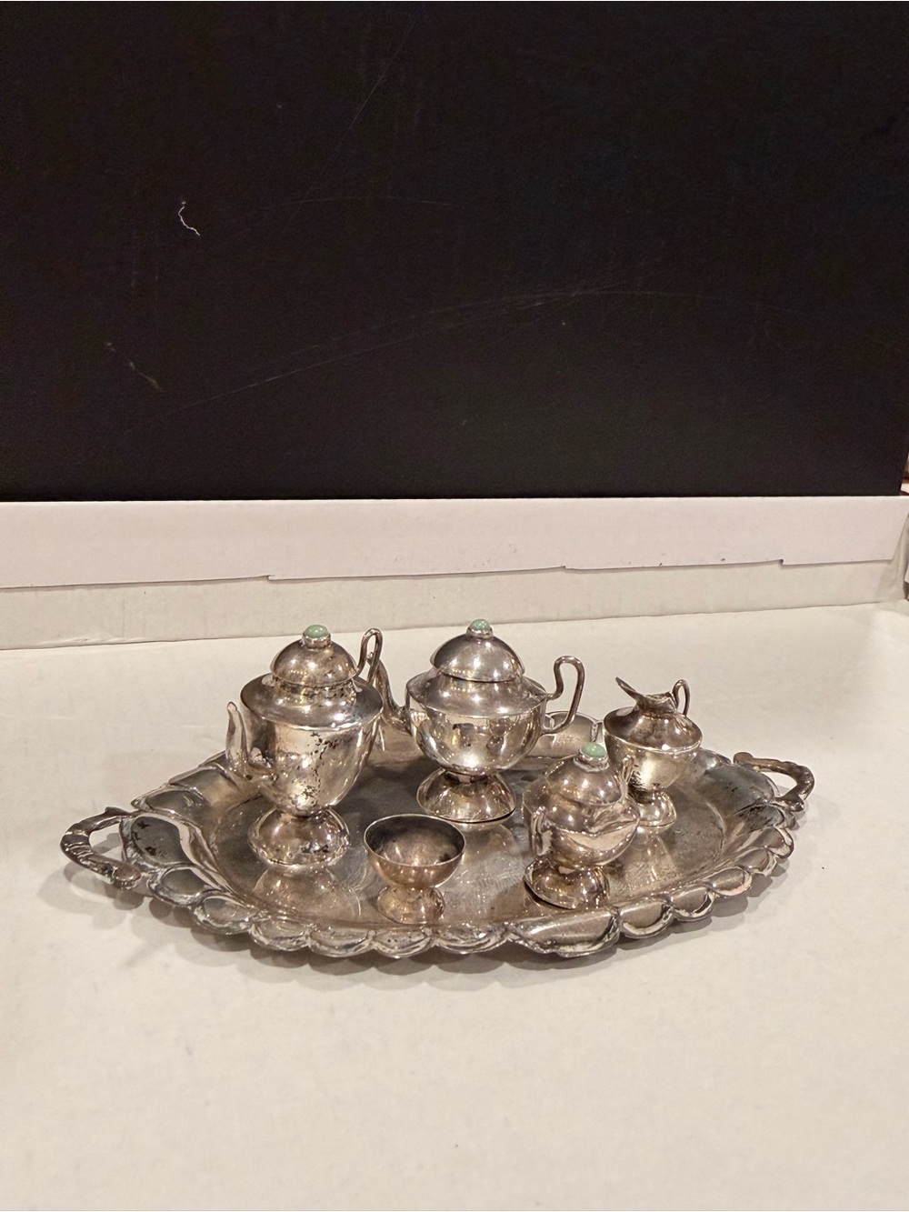 Silver 925 Miniature Tea Set with Green Accents on Ornate Tray